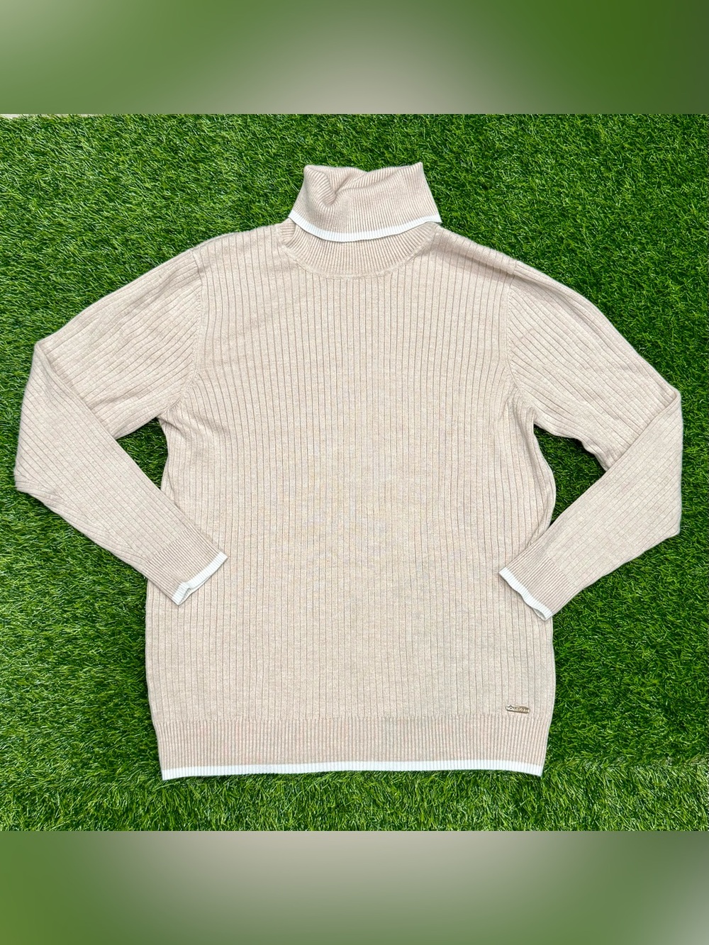 Calvin Klein Womens Beige Ribbed Knit Turtleneck Pullover Sweater XL